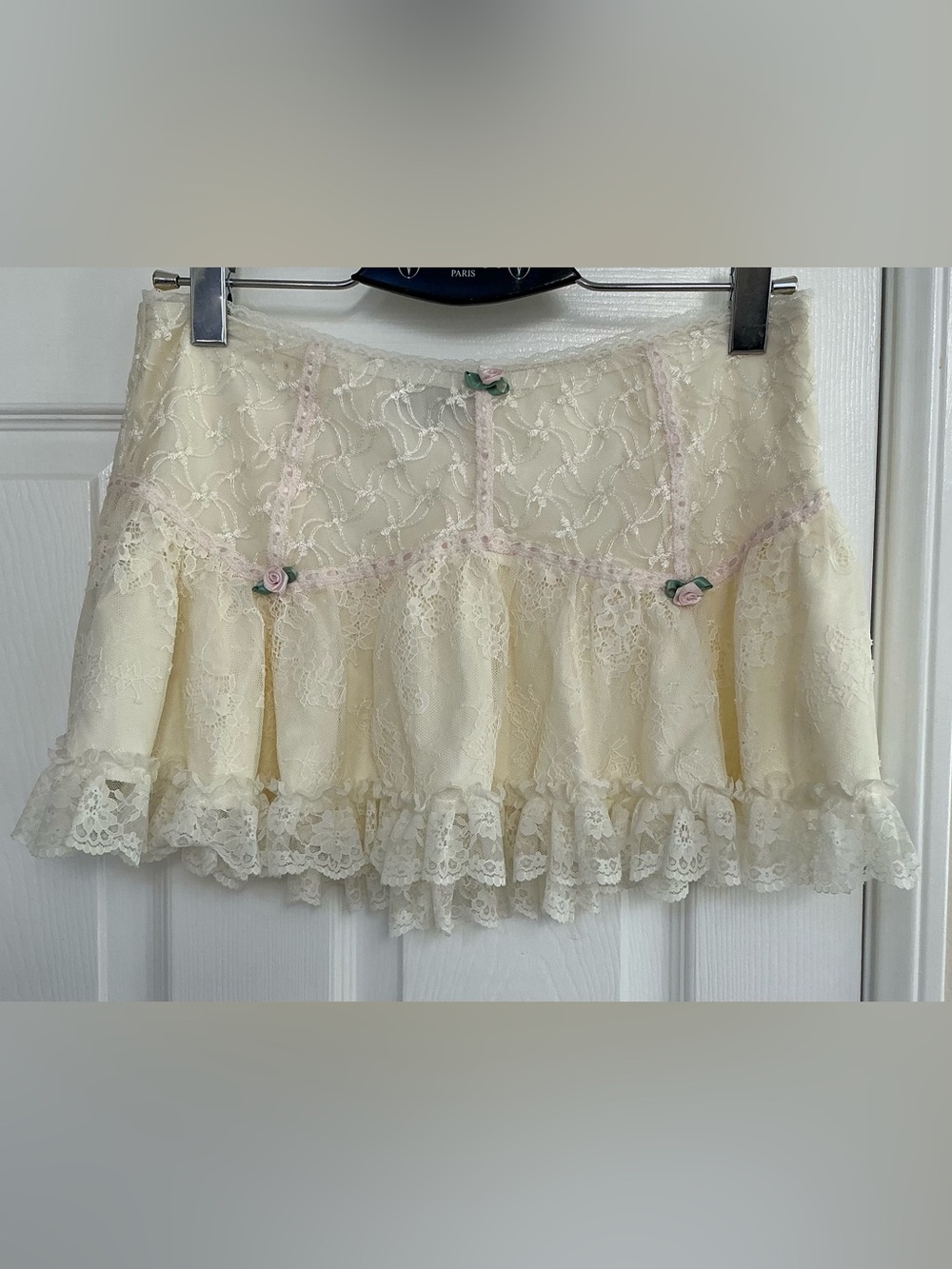 MAJORELLE Cream Lace Ruffle Mini Skirt with Pink Rose Accents